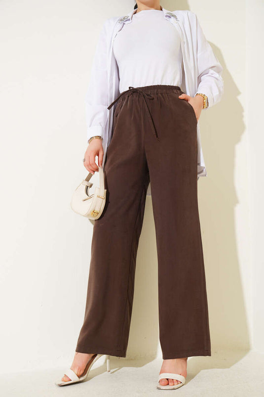 Bel Lastikli Tencel Pantolon Kestane