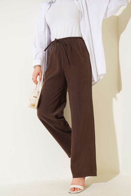 Bel Lastikli Tencel Pantolon Kestane