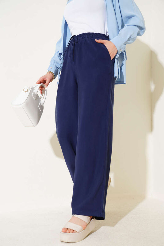 Pantalones de tencel con cintura elástica, azul marino