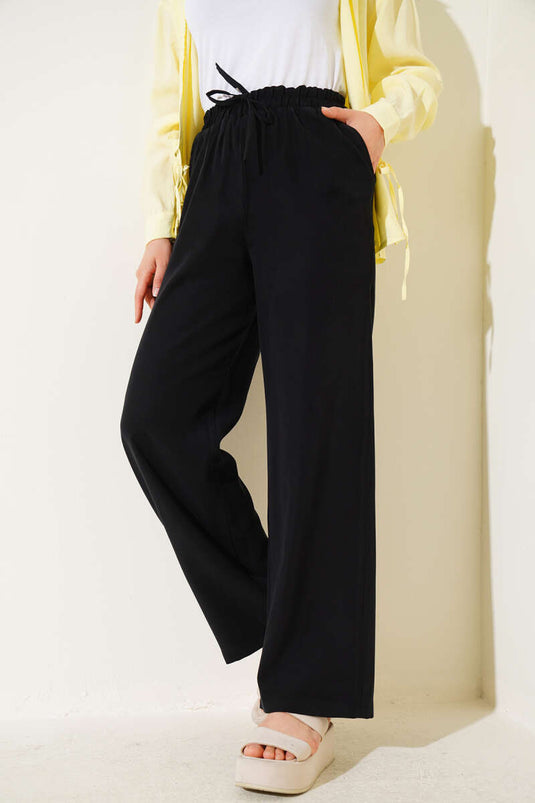 Tencel Pants with Elastic Waistband, Black