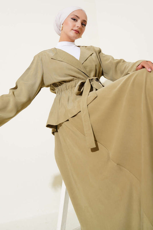 Elastic Waist Tencel Skirt Two Piece Set, Almond Green