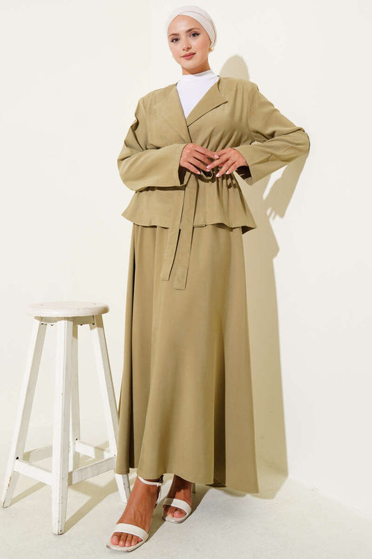 Elastic Waist Tencel Skirt Two Piece Set, Almond Green