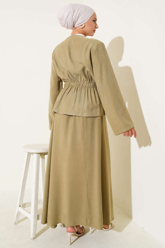 Elastic Waist Tencel Skirt Two Piece Set, Almond Green