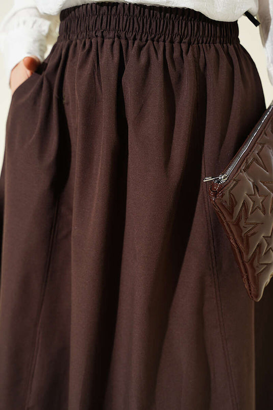 Terikoton Skirt with Elastic Waistband Dark Brown