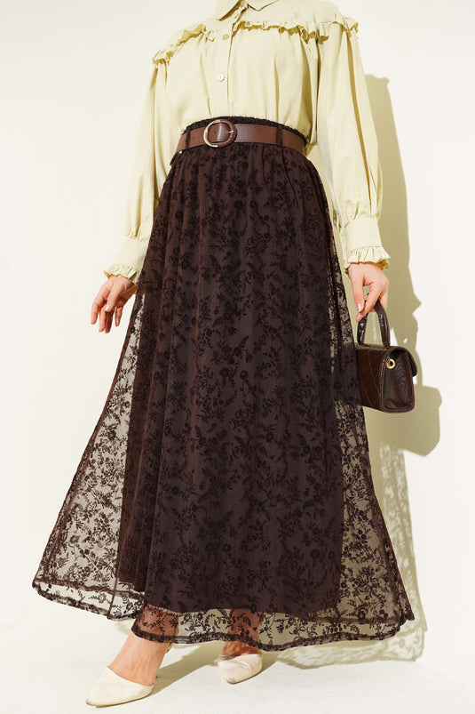 تنورة تول مزينة بالزهور مع حزام مطاطي بني