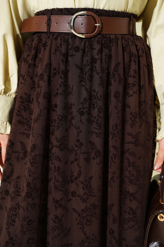 تنورة تول مزينة بالزهور مع حزام مطاطي بني