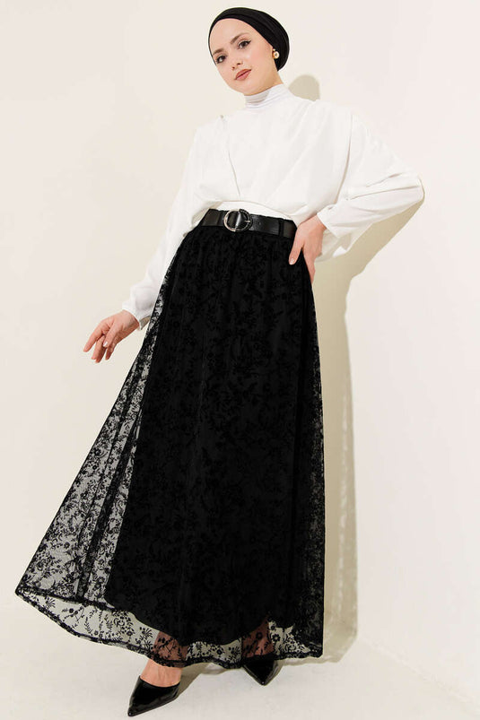 Gürtelgummi Tüll Blumenrock Schwarz