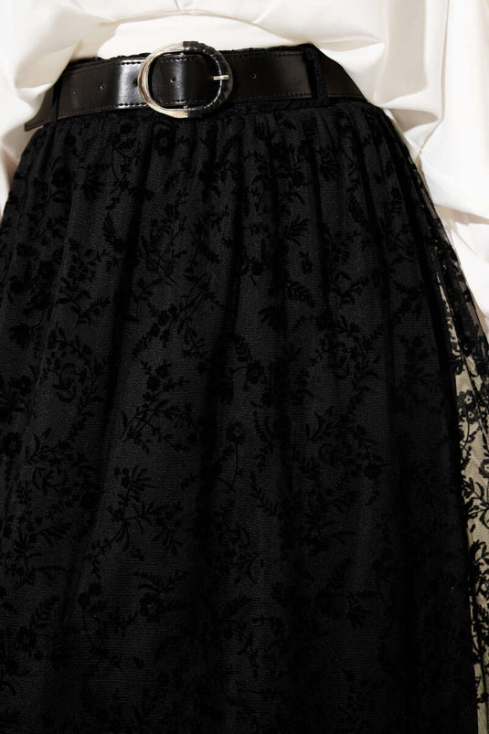 Jupe en tulle à fleurs avec ceinture élastique noire