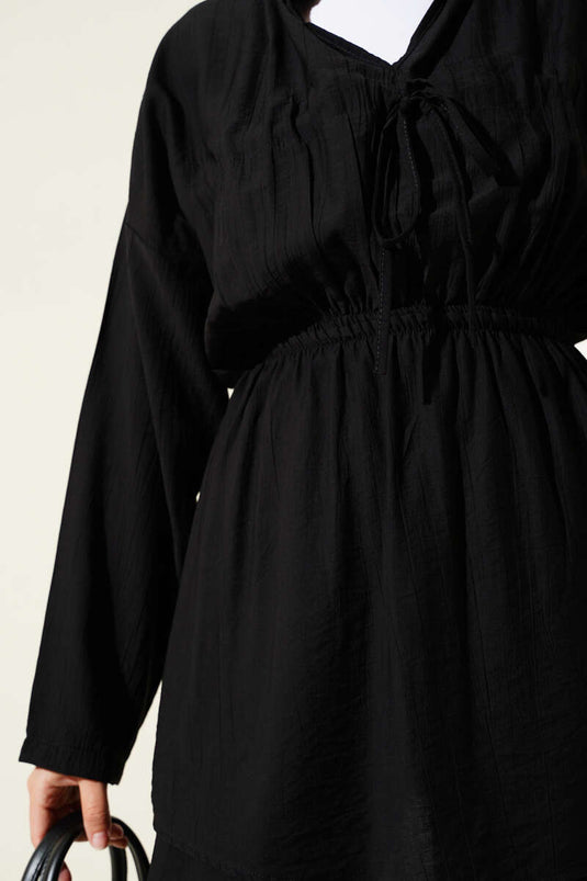 Zweiteiliges Set mit elastischem Bund und Tunnelzug, Schwarz