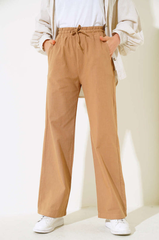 Pantalon long en lin moutarde à taille élastique