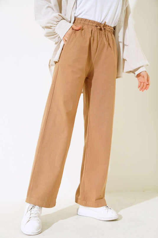 Pantalon long en lin moutarde à taille élastique