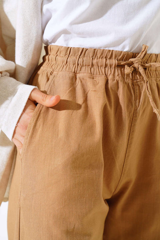 Pantalon long en lin moutarde à taille élastique