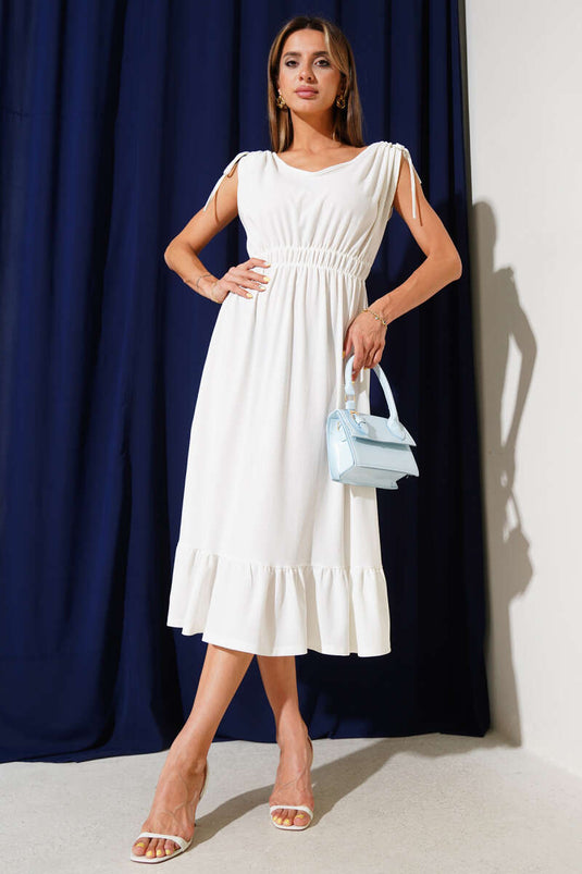 Bel Lastikli V Yaka Midi Elbise Beyaz