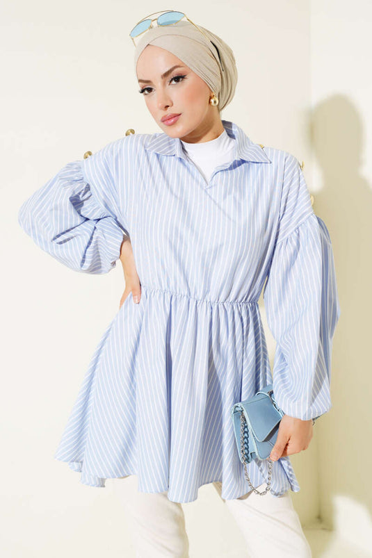 Tunique à taille élastique et col en V bleu glacier