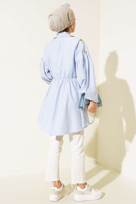 Tunique à taille élastique et col en V bleu glacier