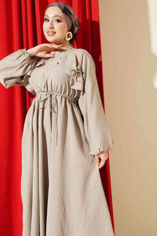 Stone Belted Ruffled Collar Dress