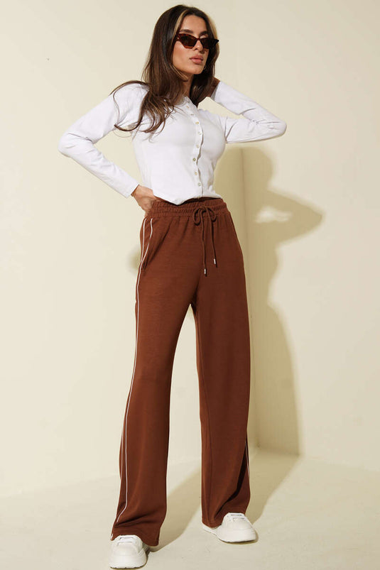 Bel Elastic Side Piped Loyşa Pants Brown