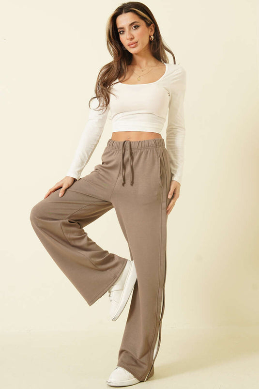 Taupe Trousers with Elastic Waist and Side Detail