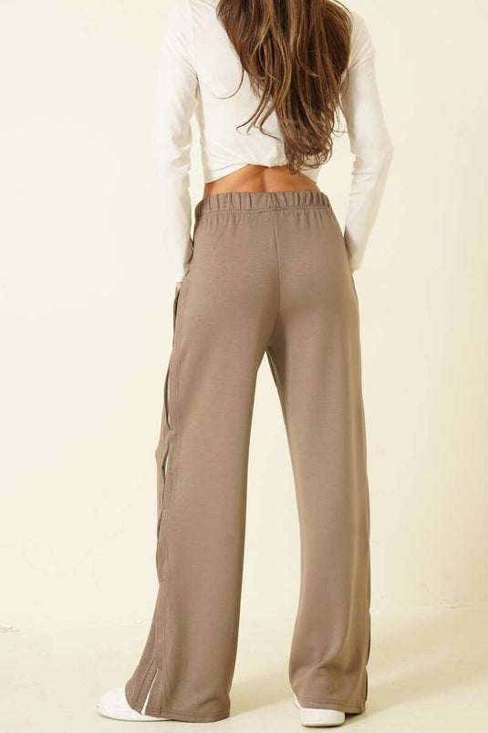Taupe Trousers with Elastic Waist and Side Detail