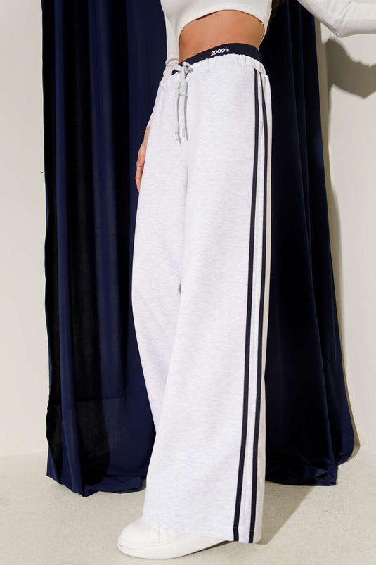 Bel Lastikli Yan Şerit Geniş Paça Pantolon Gri