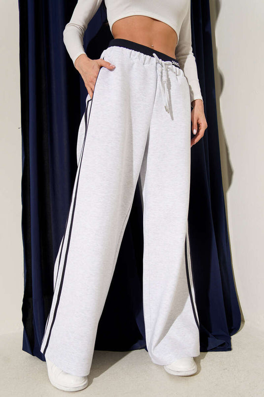 Bel Lastikli Yan Şerit Geniş Paça Pantolon Gri