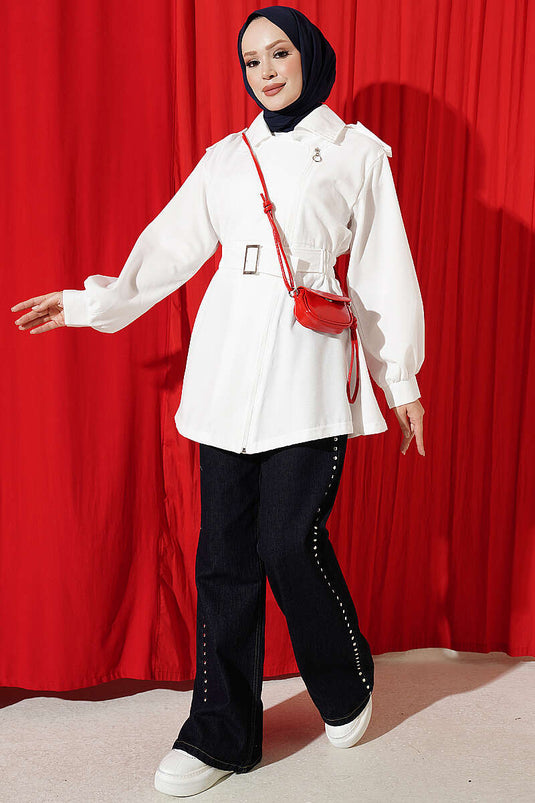 Chaqueta Blanca Elástica Con Cremallera Lateral
