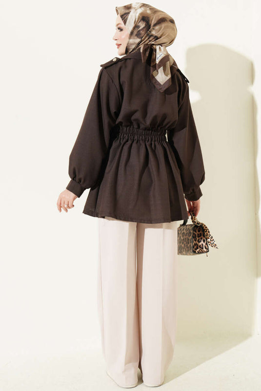 Brown Elasticated Side Zipper Jacket