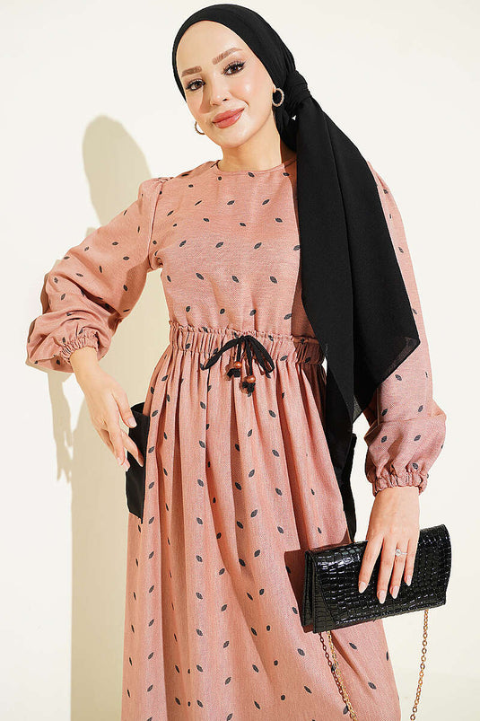Bel Lastikli Yaprak Desenli Elbise Camel