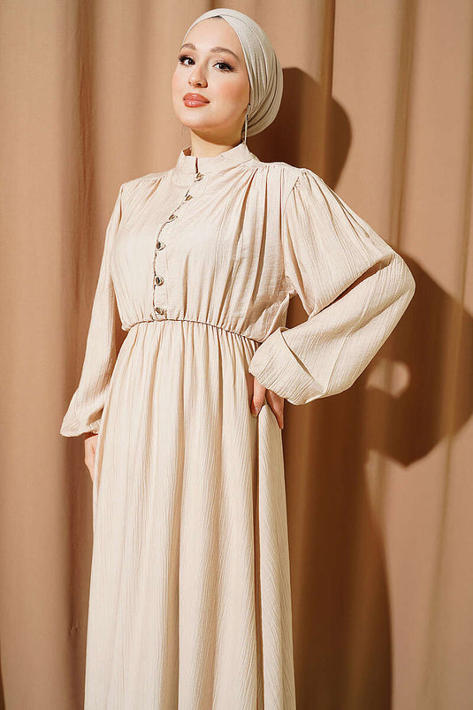 Beige Half-Brit Buttoned Dress with Waist Elastic