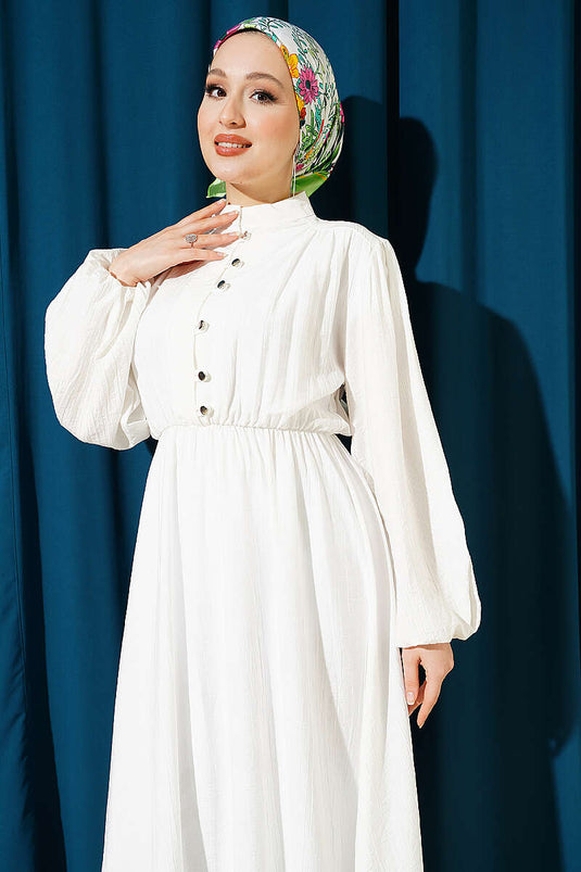 White Dress with Half Button and Waist Elastic