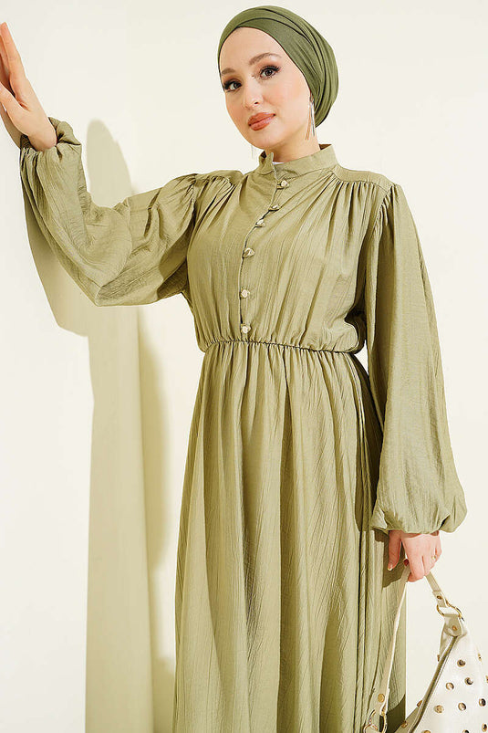 Belted Half-Brit Buttoned Dress in Olive Green