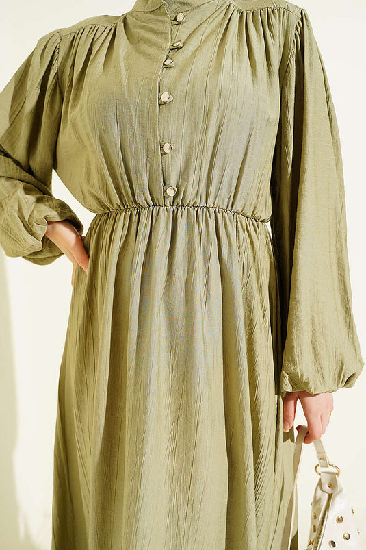 Belted Half-Brit Buttoned Dress in Olive Green