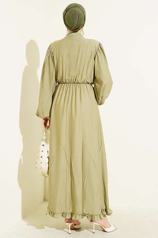 Belted Half-Brit Buttoned Dress in Olive Green