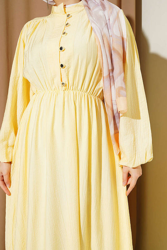 Kleid mit halber Knopfleiste und elastischem Bund, Gelb