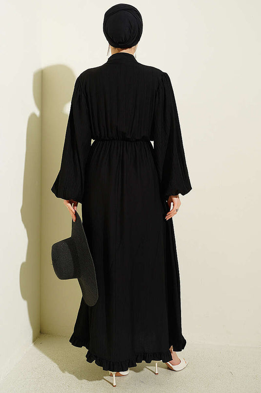 Black Half-Brit Buttoned Dress with Elastic Waist