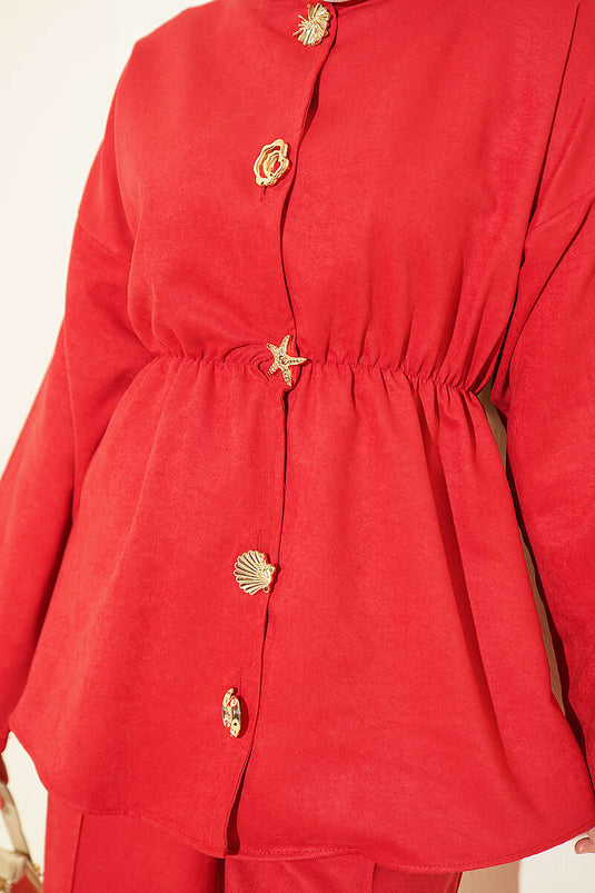 Conjunto De Dos Piezas Rojo Con Estrella Y Botones Con Cinturón