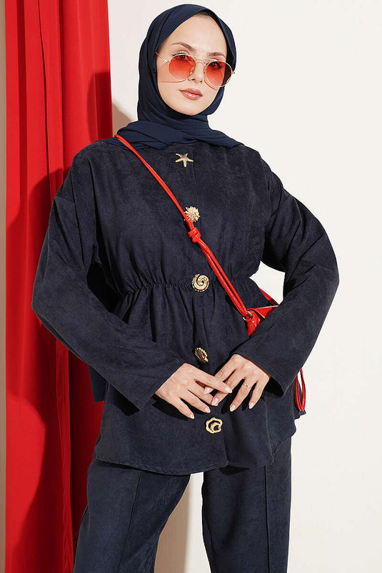 Gold Star Buttoned Two-Piece Set With Elastic Waist In Navy