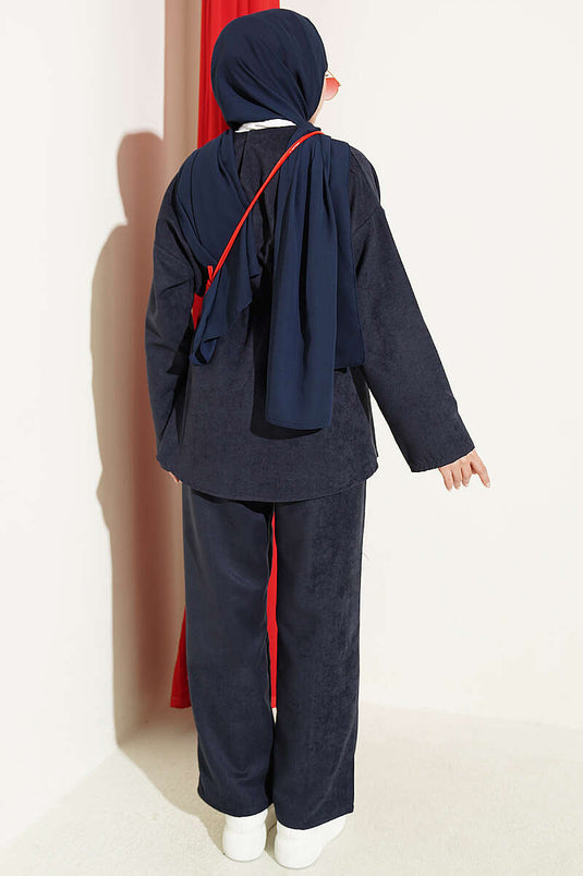 Gold Star Buttoned Two-Piece Set With Elastic Waist In Navy