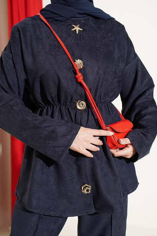 Gold Star Buttoned Two-Piece Set With Elastic Waist In Navy