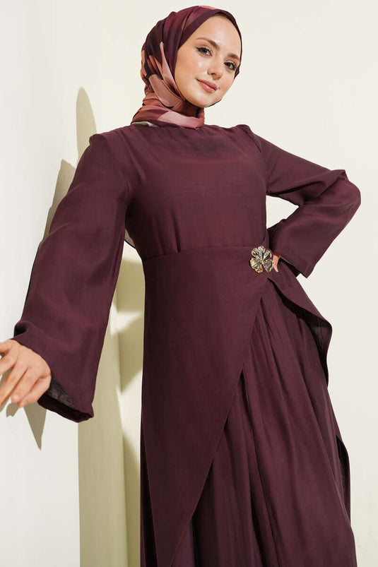 Vestido de Tencel con Detalles de Piel Partida en Burdeos