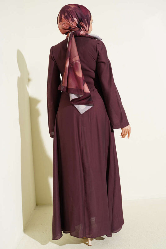 Vestido de Tencel con Detalles de Piel Partida en Burdeos