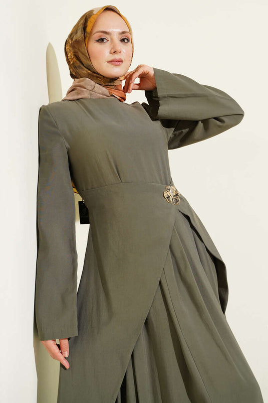 Vestido de Tencel con Detalles de Piel Partida en Caqui