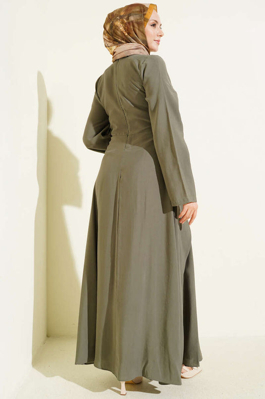 Vestido de Tencel con Detalles de Piel Partida en Caqui