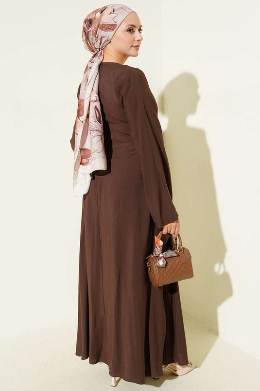 Vestido de Tencel con Detalles de Piel Marrón