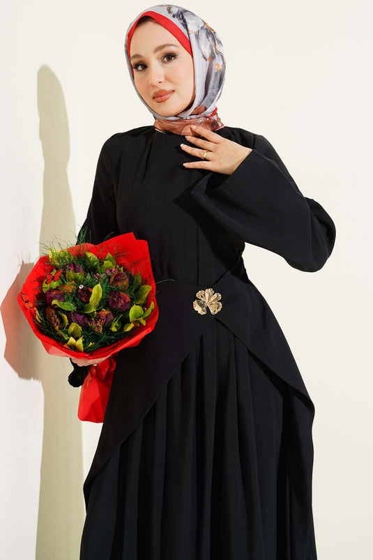 Vestido de Tencel con Detalles de Piel Sintética Negro