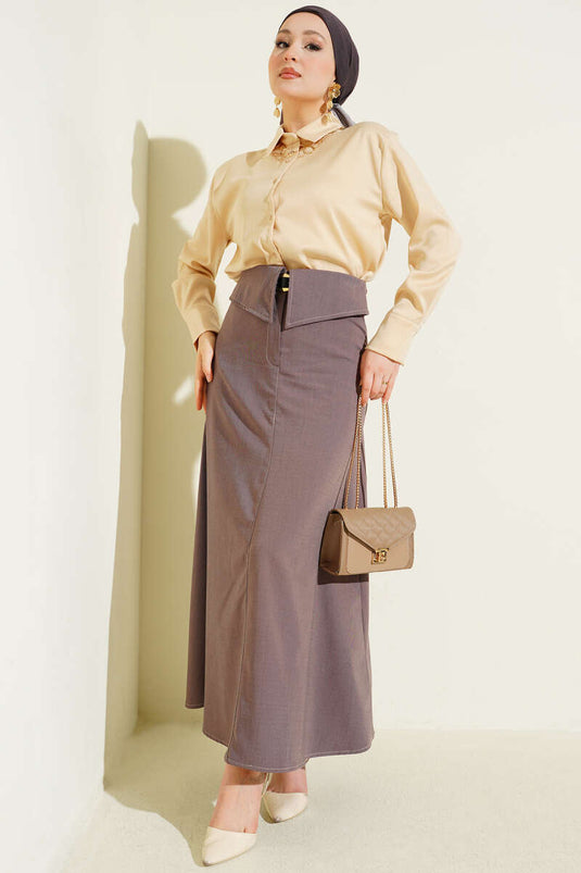 Two-Tone Belted Skirt Brown