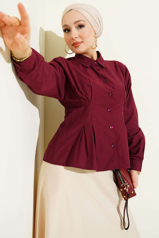 Bel Pens Detaylı Kısa Gömlek Bordo