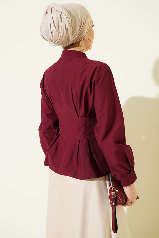 Bel Pens Detaylı Kısa Gömlek Bordo