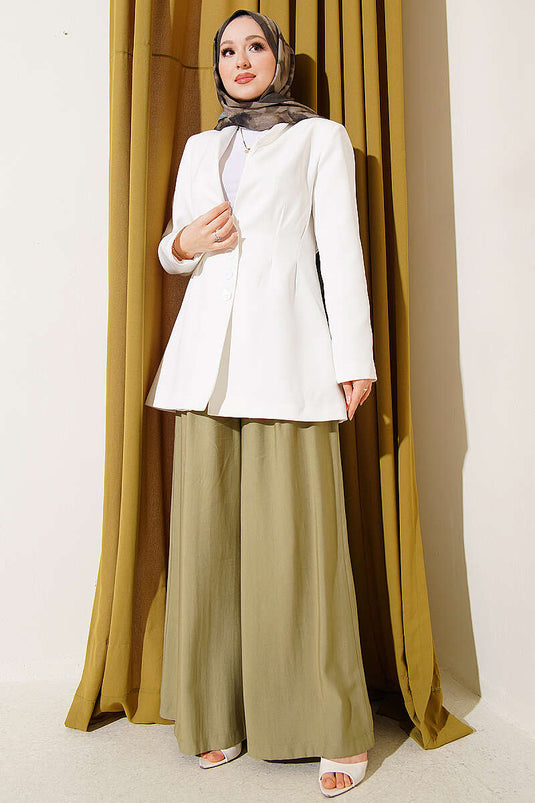 Bell Pencil Buttoned Blazer Jacket Ecru