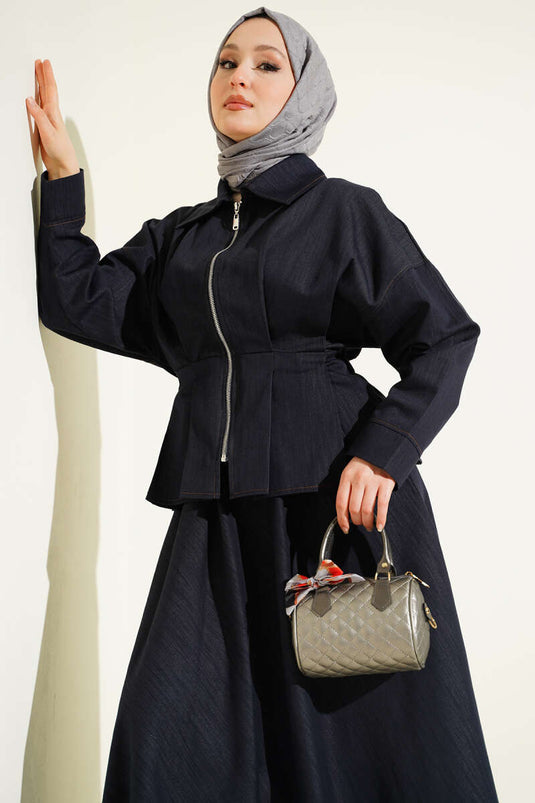 Navy Blue Denim Two-Piece Set with Pencil Skirt and Zipper
